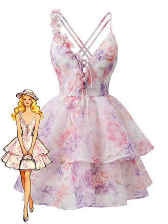 Pink 1960er Plunging 3D Blume Gestuft Rückenfreies Minikleid