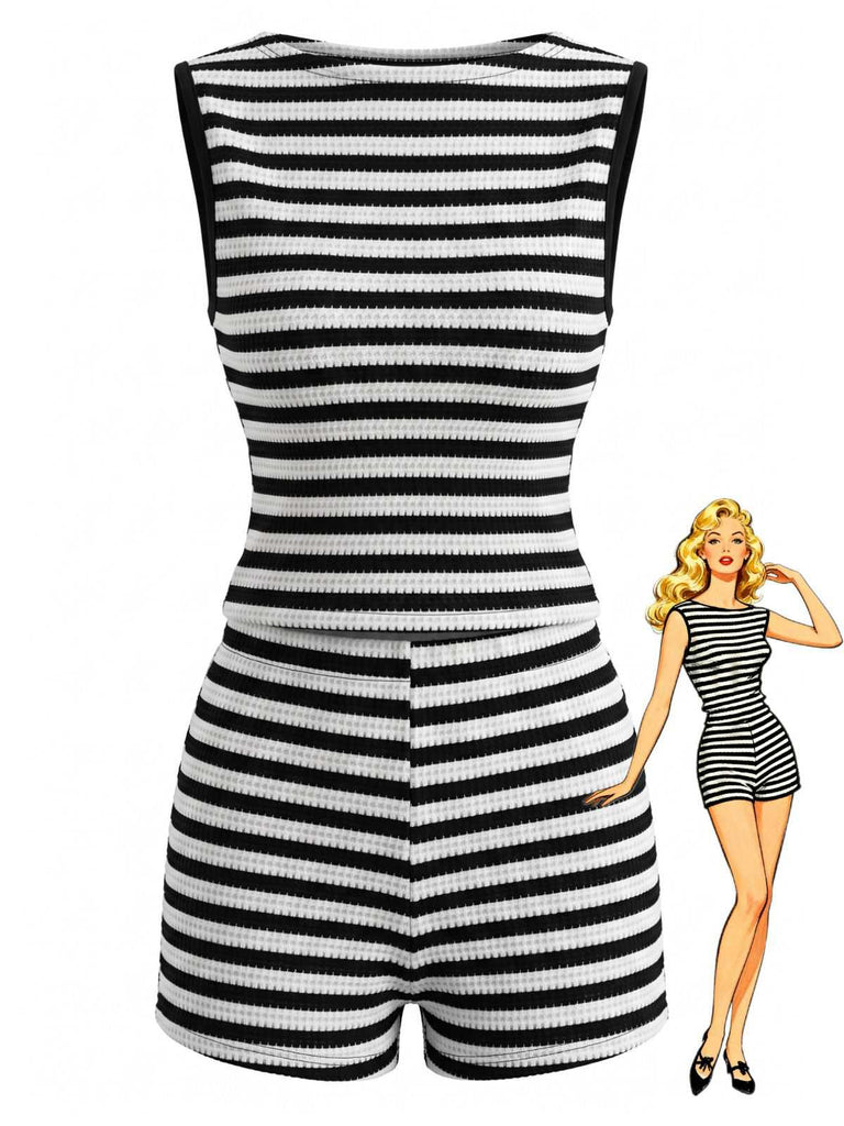 40er Set mit ärmellosem Top und Shorts mit hoher Taille, Streifen in Schwarz