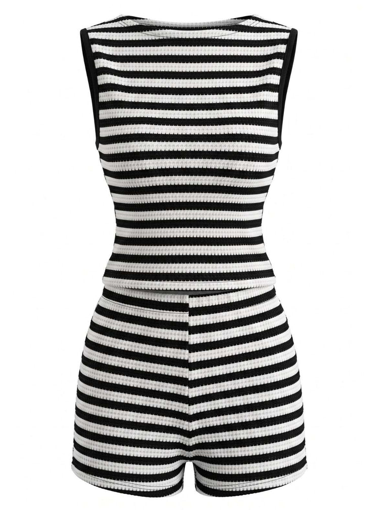 40er Set mit ärmellosem Top und Shorts mit hoher Taille, Streifen in Schwarz