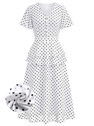 Weißes 40er Kleid mit Polka-Dots und V-Ausschnitt