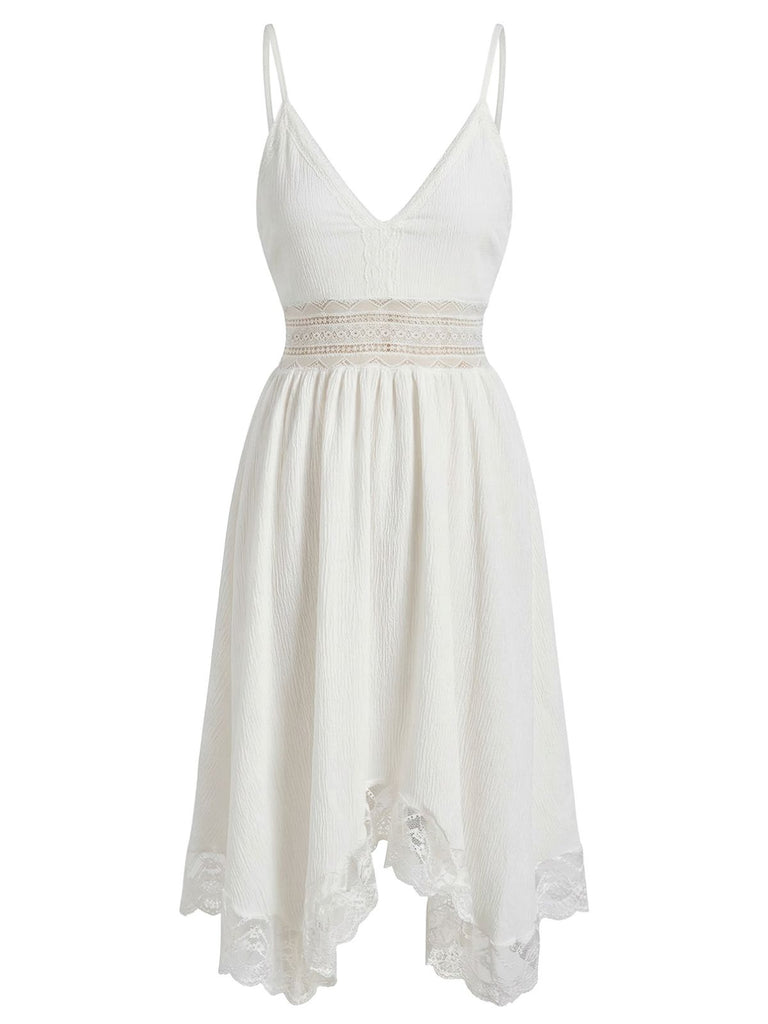 70er Kleid mit V-Ausschnitt, Spaghettiträgern und Struktur-Spitze