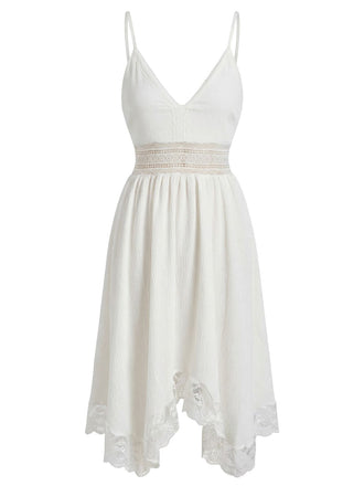 70er Kleid mit V-Ausschnitt, Spaghettiträgern und Struktur-Spitze
