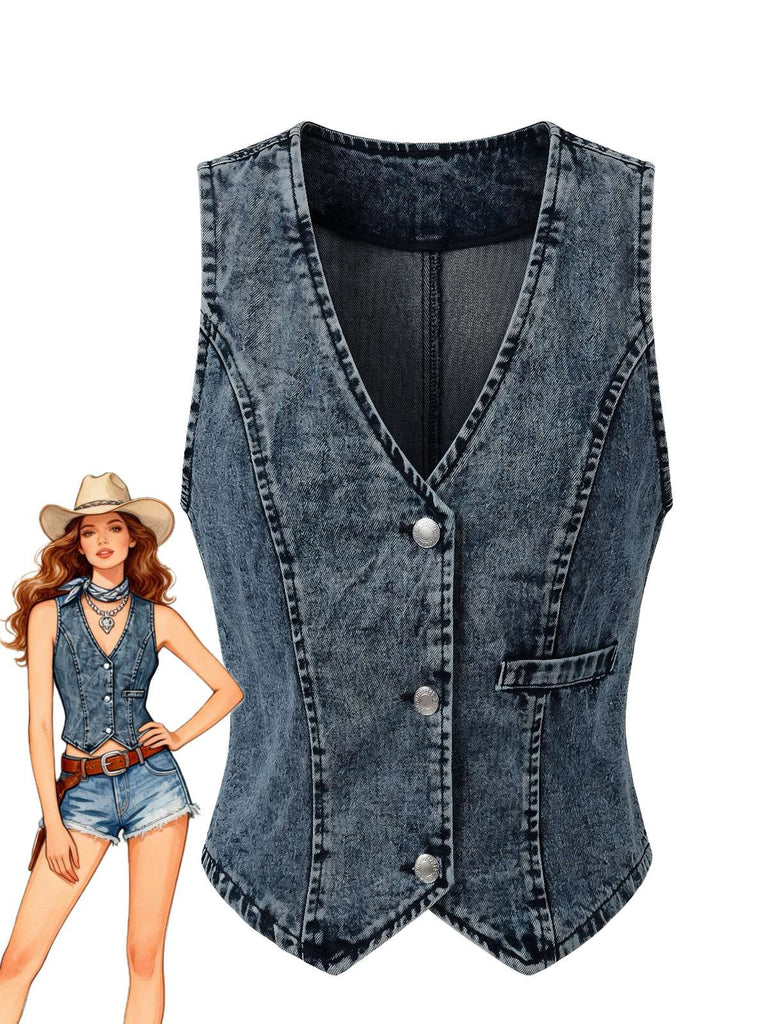 Blau 1970er Denim V-Ausschnitt Ärmellos Knopf Top