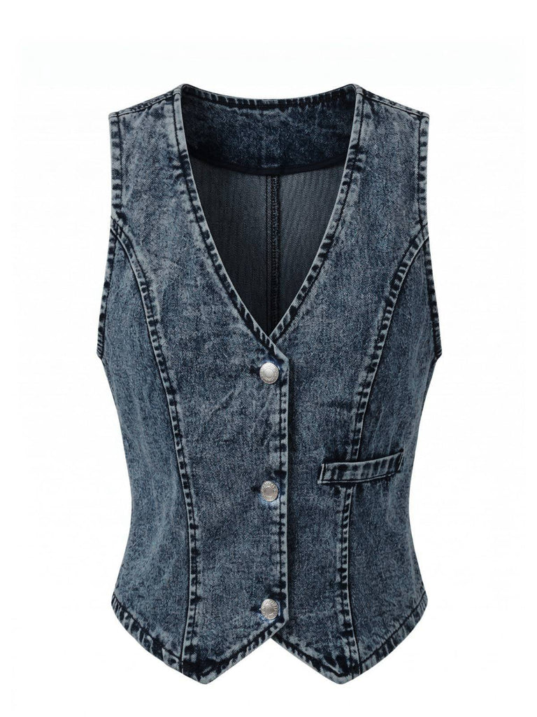Blau 1970er Denim V-Ausschnitt Ärmellos Knopf Top