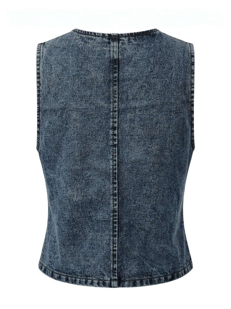 Blau 1970er Denim V-Ausschnitt Ärmellos Knopf Top