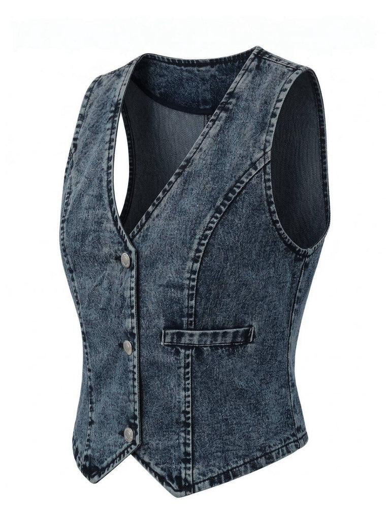 Blau 1970er Denim V-Ausschnitt Ärmellos Knopf Top