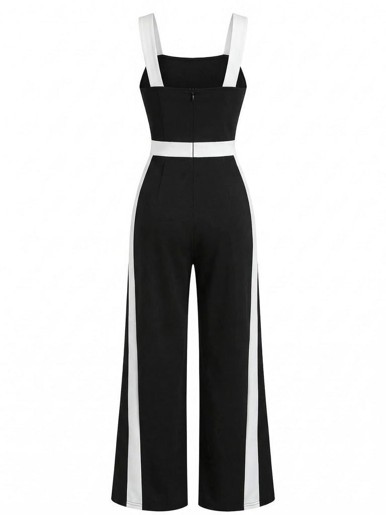 Schwarzer und weißer Jumpsuit im Stil der 1960er Jahre mit Neckholder und Farbblockmuster, Größe 3