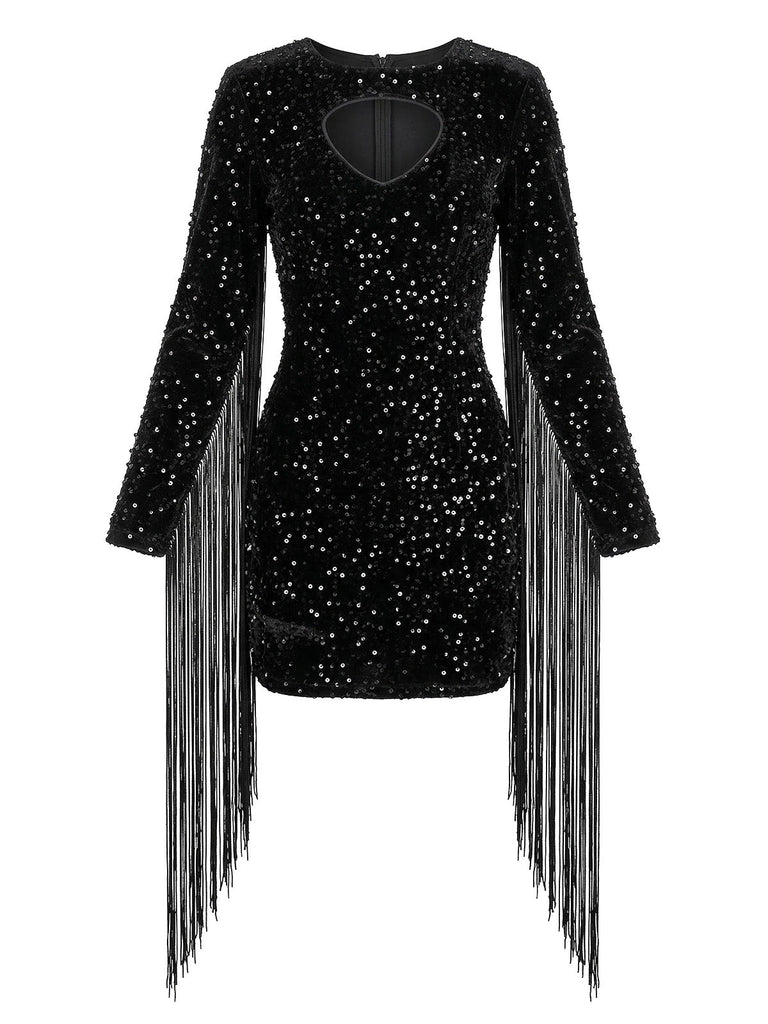 80er langärmliges Paillettenkleid mit Schlüsselloch und Fransen