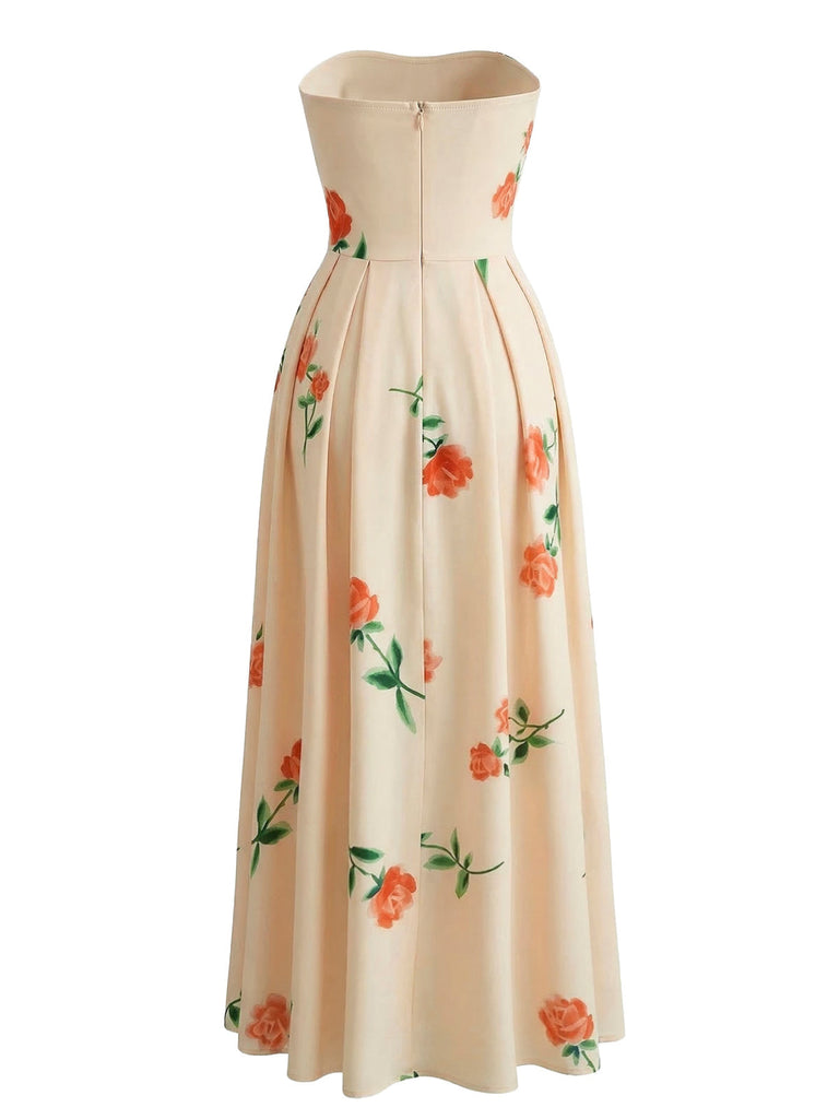1940er Trägerlos Blumen High Waist Swing Kleid