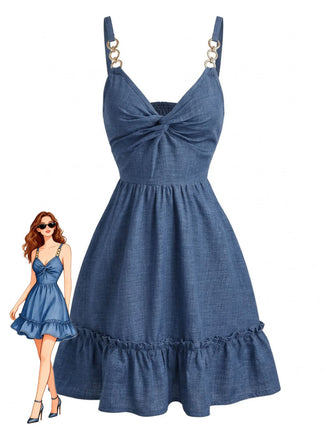 Blaues 1960er Twist Knot Spaghetti Träger Rüschenkleid