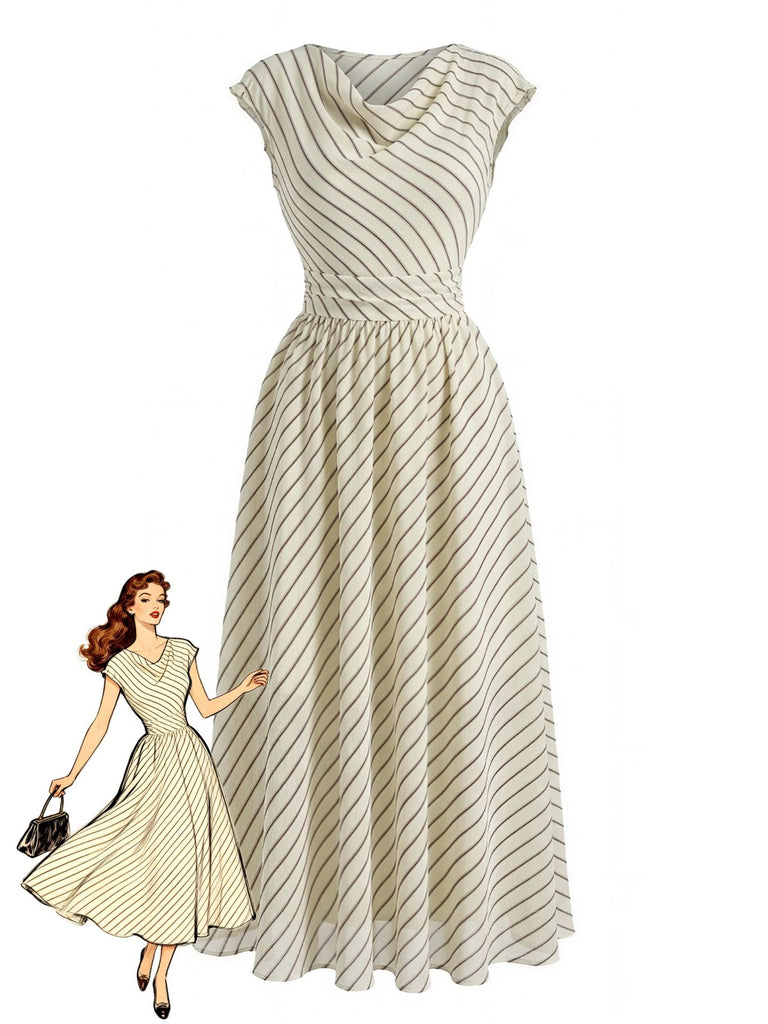 Beigefarbenes 1950er Chiffon-Streifen-Swingkleid mit Wasserfallausschnitt
