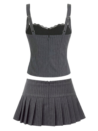 2PCS Graues Y2K-Nadelstreifen-Top mit Spitzenbesatz und plissiertes Minirock