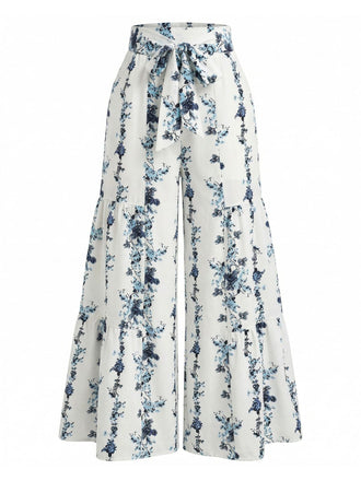 Graue 70er Boho Hose mit Blumen und Rüschensaum