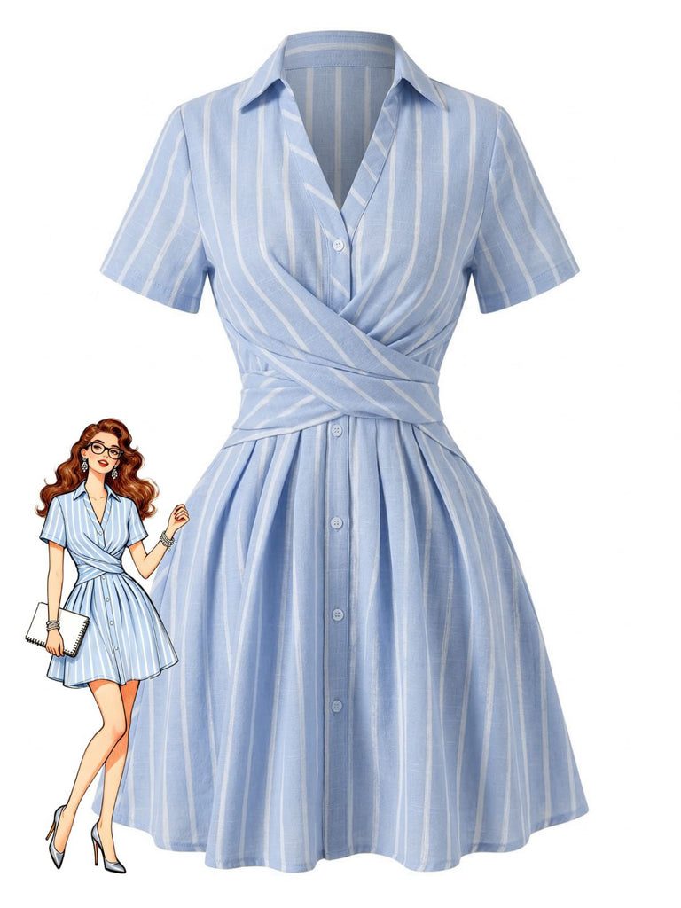 Blau 1950er Längs Streifen Johnny Kragen Überkreuzt Kleid