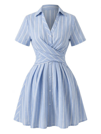Blau 1950er Längs Streifen Johnny Kragen Überkreuzt Kleid