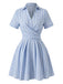 Blau 1950er Längs Streifen Johnny Kragen Überkreuzt Kleid