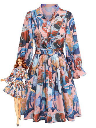 1970er Blumen Laternenärmel Hemdkragen Gürtel Kleid