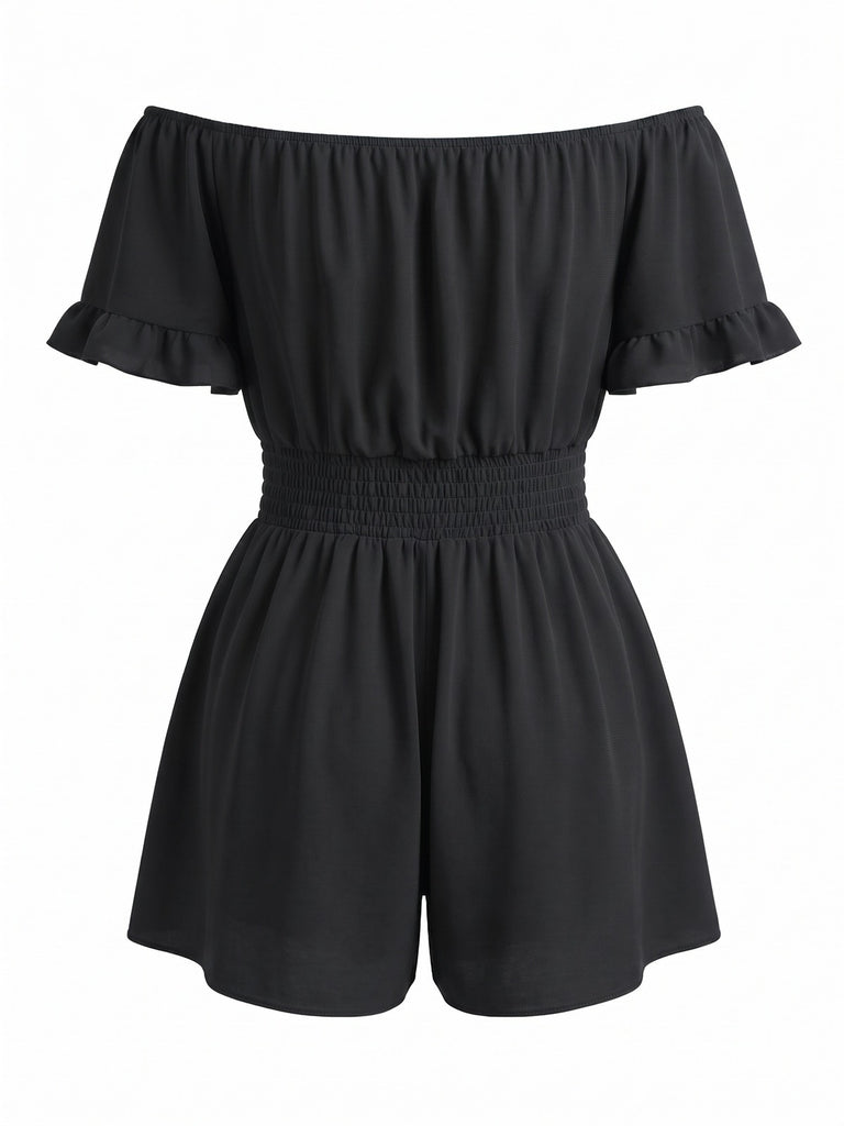 1940er Uni Schulterfrei Rüschenärmel Gesmokt Taille Romper