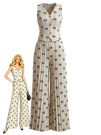 2PCS Beige 1940er Schleife Ärmellos Weste & Plissee Hose