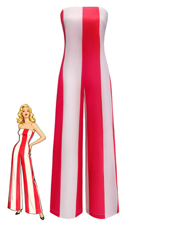 Roter 40er trägerloser Jumpsuit mit Streifen
