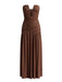 Trägerloses 70er Maxikleid mit tiefem V-Ausschnitt, Raffung und hohem Schlitz