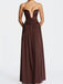 Trägerloses 70er Maxikleid mit tiefem V-Ausschnitt, Raffung und hohem Schlitz
