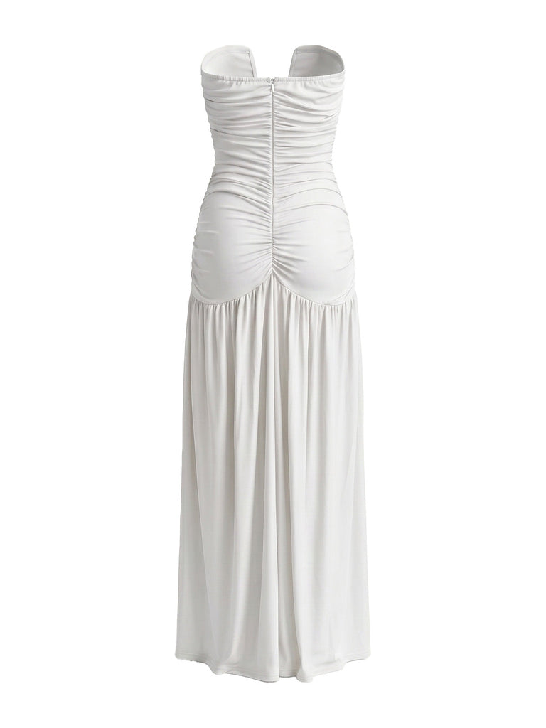 Trägerloses 70er Maxikleid mit tiefem V-Ausschnitt, Raffung und hohem Schlitz