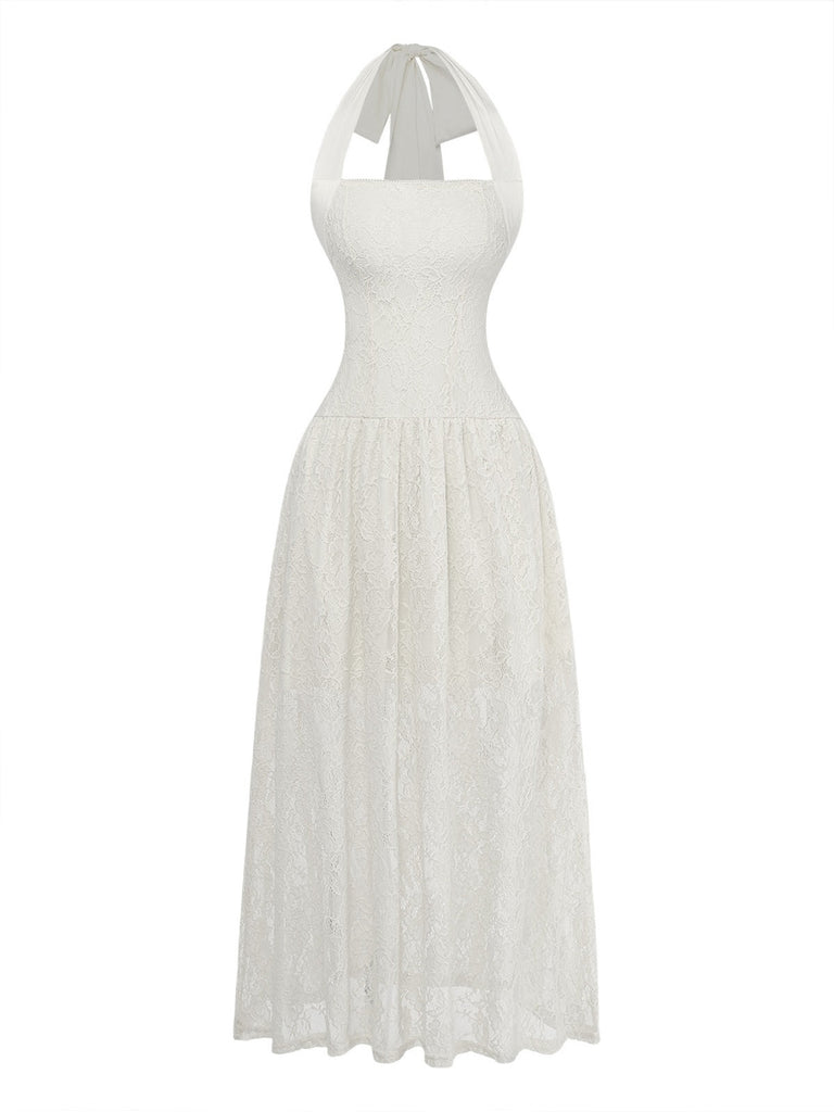 1950er Rückenfreies Spitze Uni Neckholder Kleid
