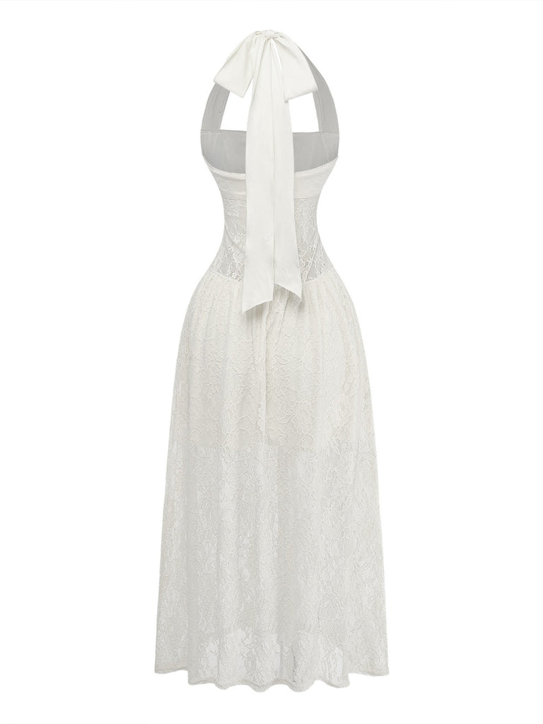 1950er Rückenfreies Spitze Uni Neckholder Kleid