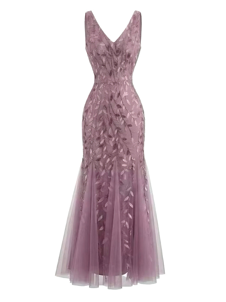 1930er Stickerei V-Ausschnitt Ärmellos Netz Slim Kleid