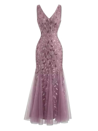 1930er Stickerei V-Ausschnitt Ärmellos Netz Slim Kleid