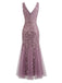 1930er Stickerei V-Ausschnitt Ärmellos Netz Slim Kleid