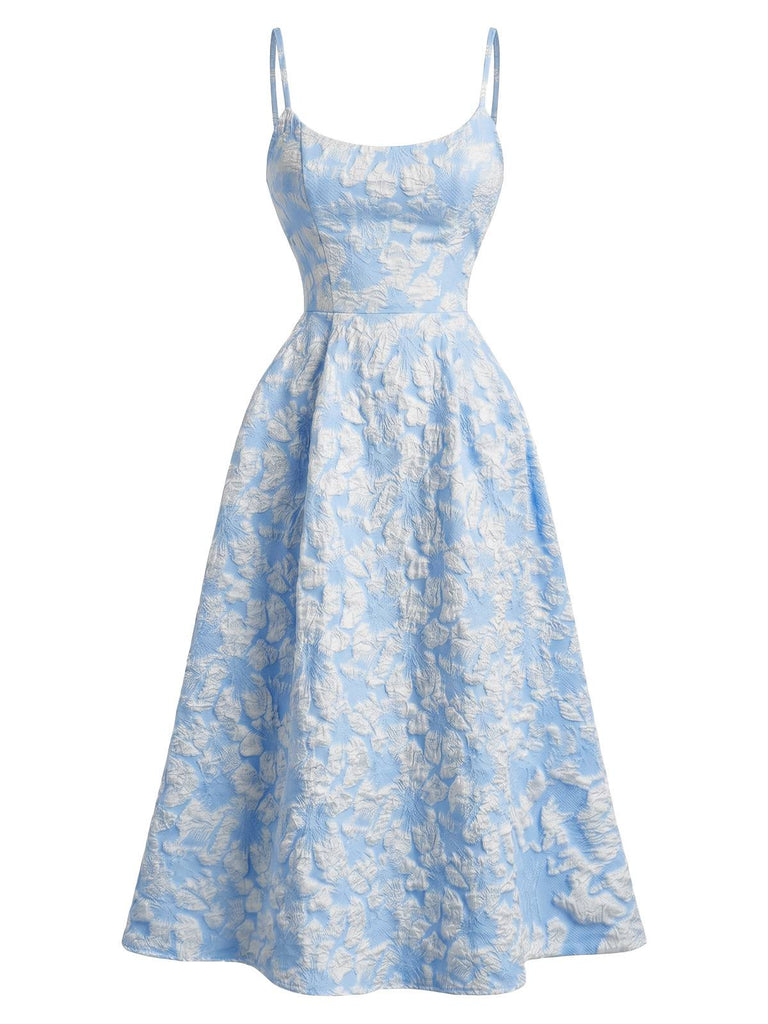 Blau 1950er Blumen Jacquard Strukturiert Spaghetti Träger Midi Kleid