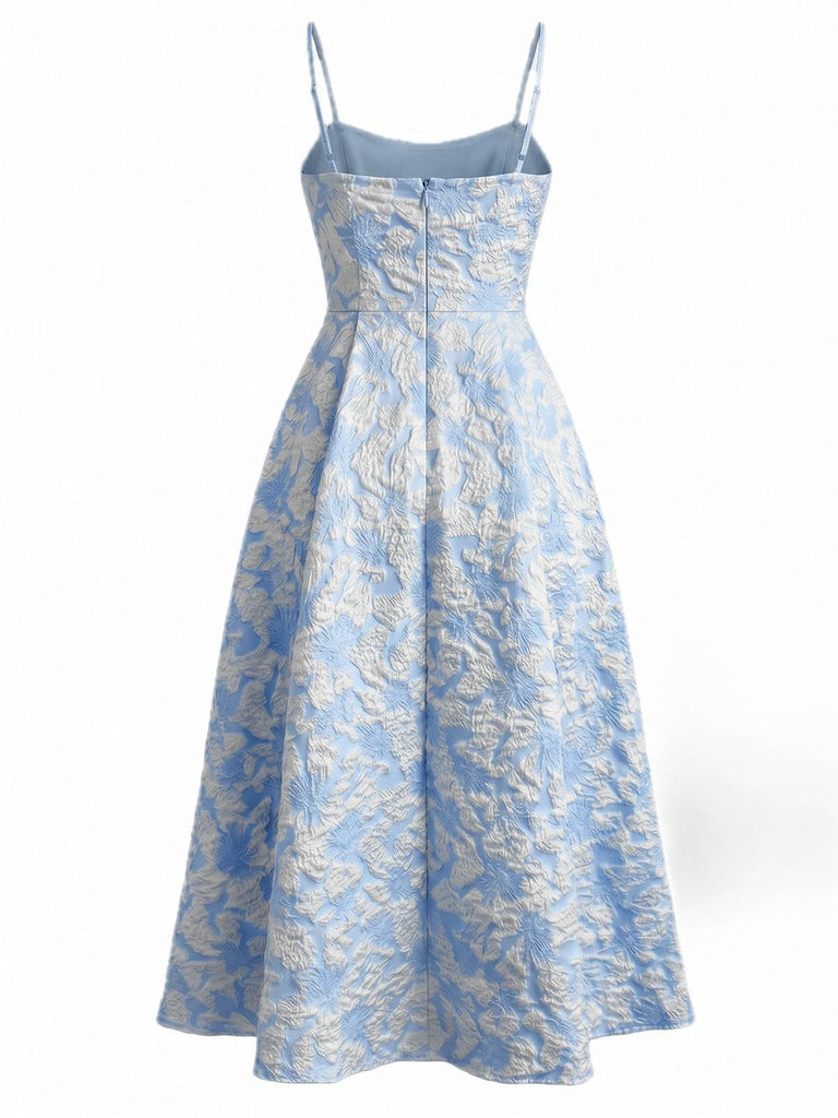 Blau 1950er Blumen Jacquard Strukturiert Spaghetti Träger Midi Kleid