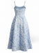 Blau 1950er Blumen Jacquard Strukturiert Spaghetti Träger Midi Kleid