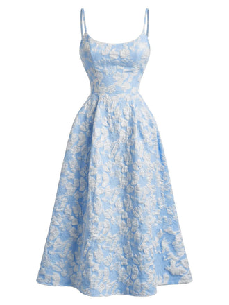Blau 1950er Blumen Jacquard Strukturiert Spaghetti Träger Midi Kleid