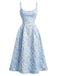Blau 1950er Blumen Jacquard Strukturiert Spaghetti Träger Midi Kleid
