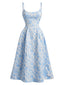 Blau 1950er Blumen Jacquard Strukturiert Spaghetti Träger Midi Kleid