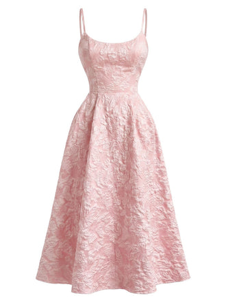 Rosa 1950er Blumen Jacquard Strukturiert Spaghetti Träger Midi Kleid
