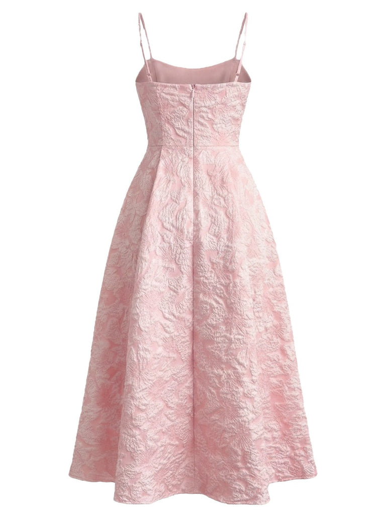Blau 1950er Blumen Jacquard Strukturiert Spaghetti Träger Midi Kleid