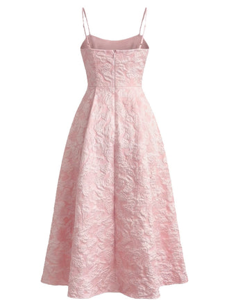 Rosa 1950er Blumen Jacquard Strukturiert Spaghetti Träger Midi Kleid
