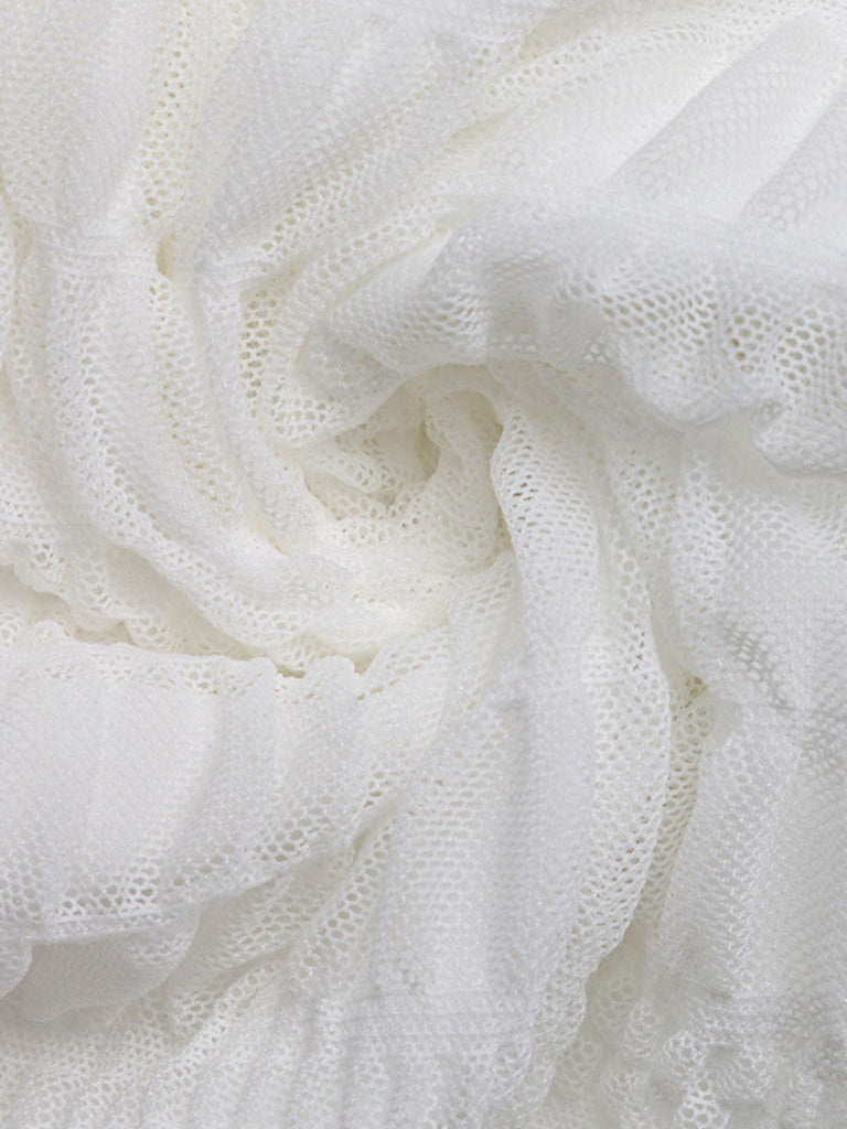 White 1950er Plunging Gesmokt Waist Textured Abwesenheits Kleid
