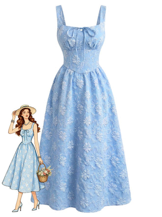 Blaues 1940er Karree Ausschnitt Empire Taille Jacquard Gesmoktes Kleid