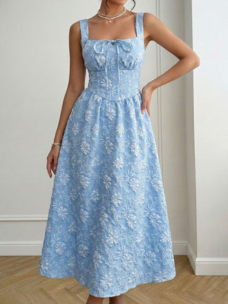 Blaues 1940er Karree Ausschnitt Empire Taille Jacquard Gesmoktes Kleid