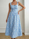 Blaues 1940er Karree Ausschnitt Empire Taille Jacquard Gesmoktes Kleid
