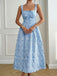 Blaues 1940er Karree Ausschnitt Empire Taille Jacquard Gesmoktes Kleid