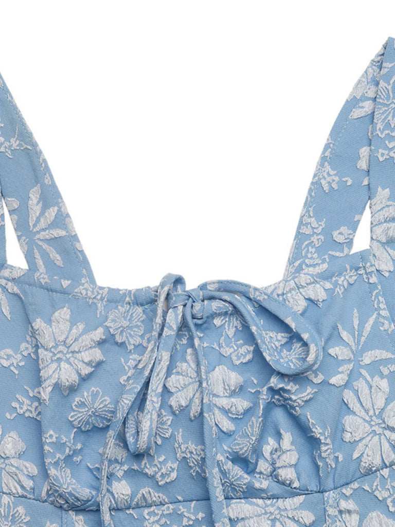 Blaues 1940er Karree Ausschnitt Empire Taille Jacquard Gesmoktes Kleid
