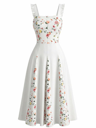Weißes 40er Swingkleid mit Eckiger Ausschnitt und Blumen