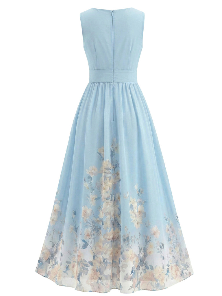 1940er Blumen V-Ausschnitt Ärmellos Midi Kleid