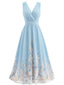 Blaues 40er Midikleid mit V-Ausschnitt und Blumen